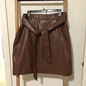 LIUMILAC Women Paperbag Waist Belted PU Leather Skirts Casual Straight Pockets